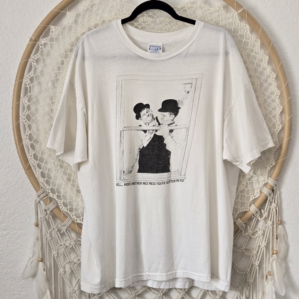 Vintage 90s Single Stitch Y2K Laurel & Hardy Hanes Beefy-T White Graphic T-Shirt - Picture 6 of 6